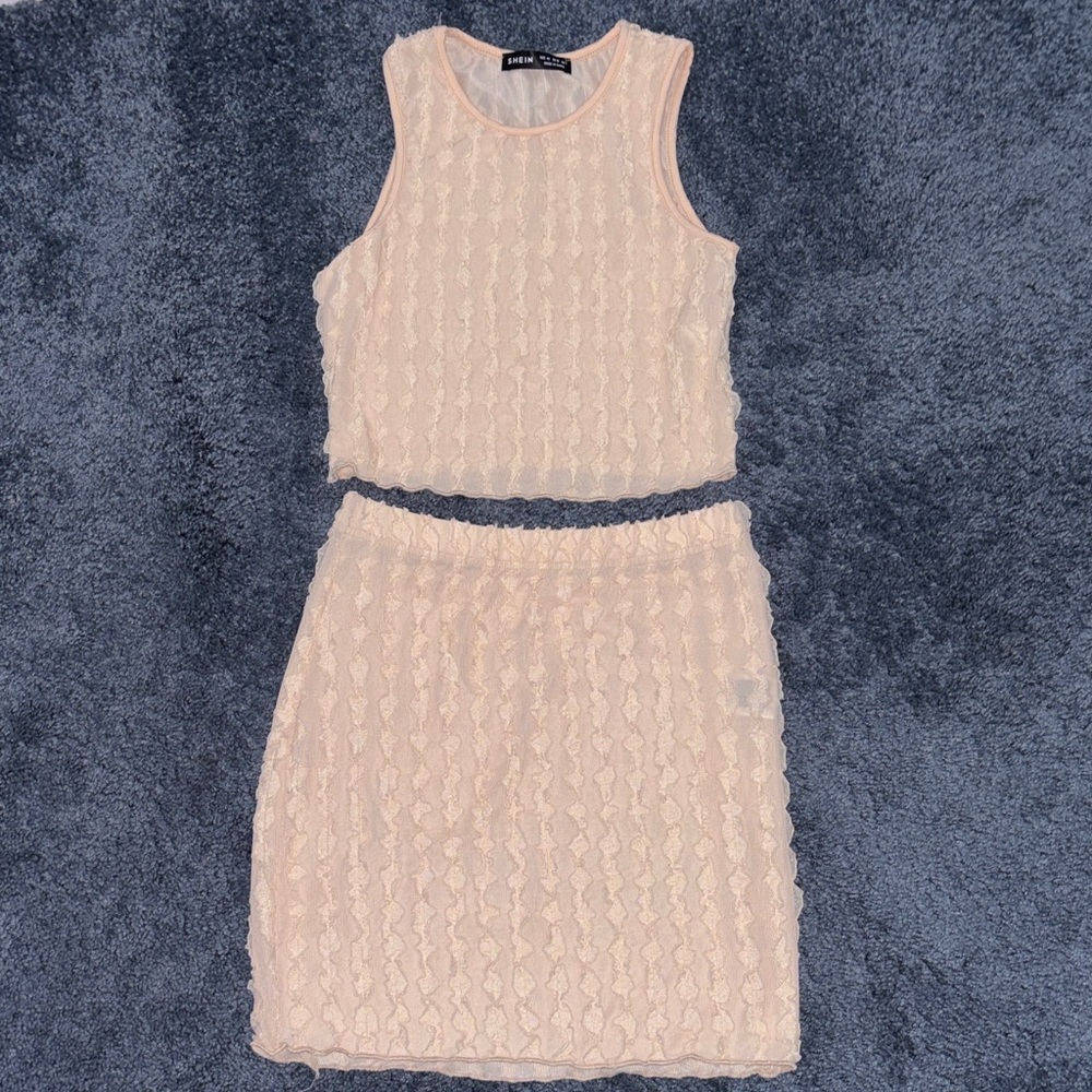 SHEIN Pale Pink textured Top and Mini Skirt Set